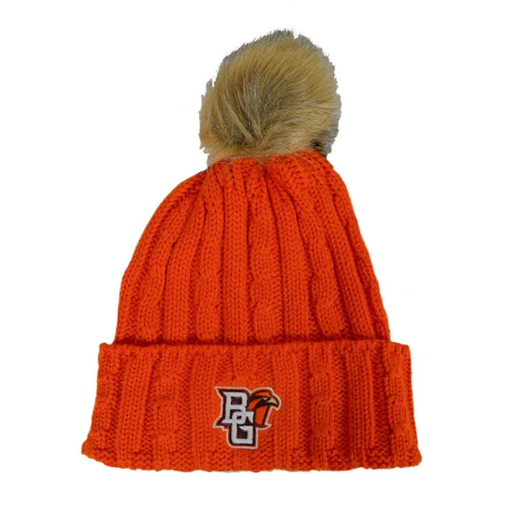 Ladies BGSU Knit Beanie with Faux Fur Pom